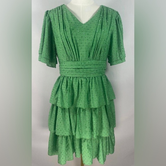 JessaKae Dresses & Skirts - NWT JessaKae Selena Green Shimmer Swiss Dot Tiered Ruffle Mini Dress Size L